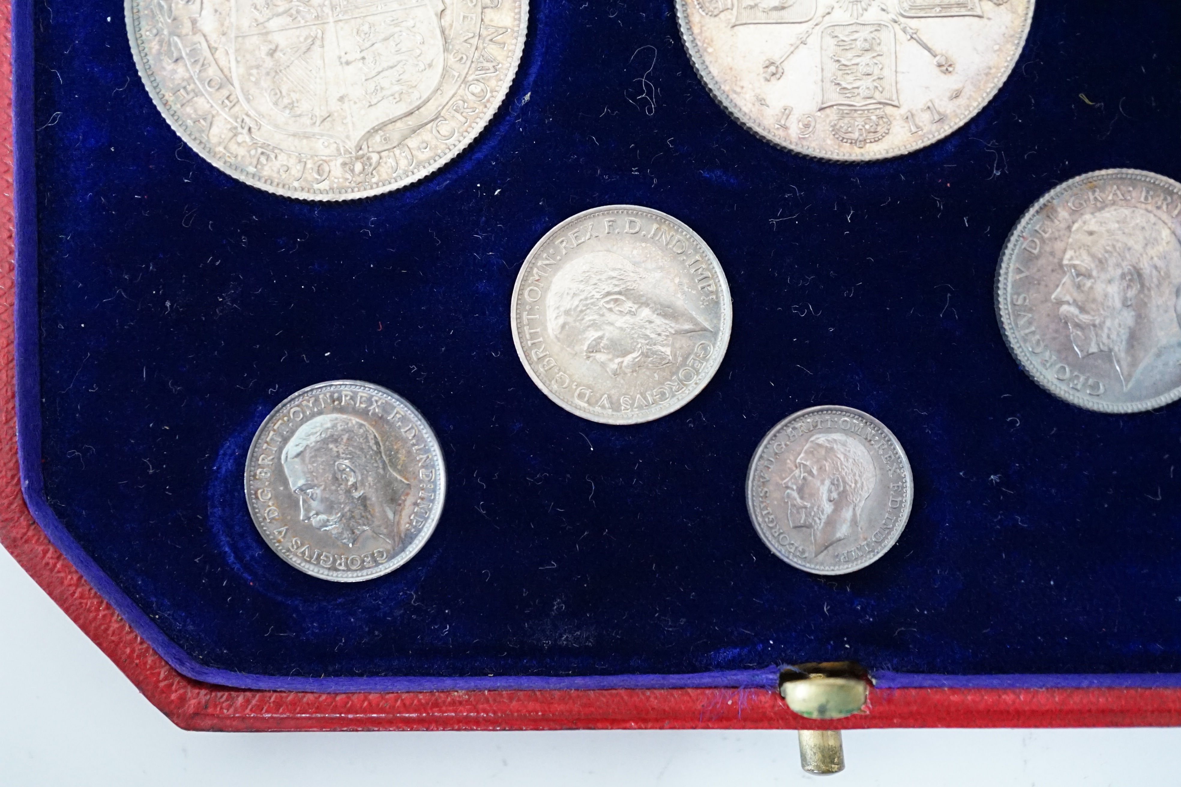 British Silver Coins, George V coronation specimen eight coin set, 1911, ranging from halfcrown to maundy penny, in case of issue